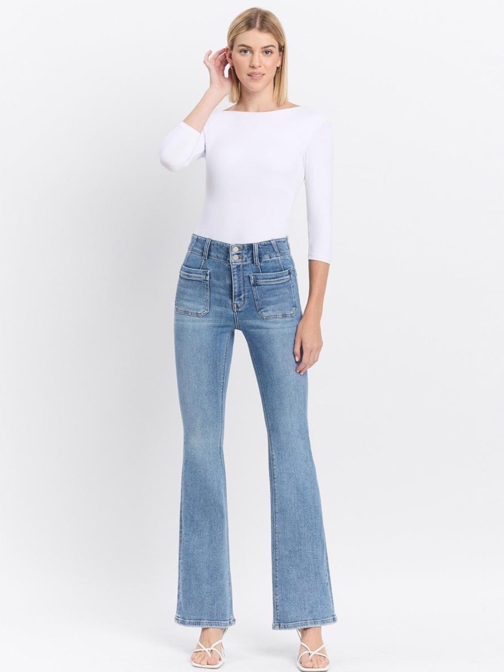 Flying Monkey High Rise Front Pocket Flare Jeans.